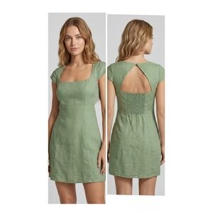 House of Harlow 1960 Sage Green Linen Mini Dress Open Back Cap Sleeve Small